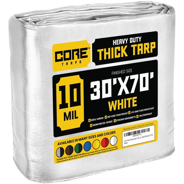 Core Tarps 70 ft L x 0.5 mm H x 30 ft W Heavy Duty 10 Mil Tarp, White, Polyethylene CT-604-30X70